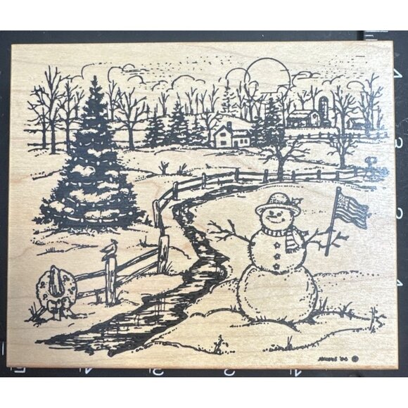 Northwoods Rubber Stamp Snowman American Flag Country Farmhouse Rubber Stamp - Picture 1 of 3